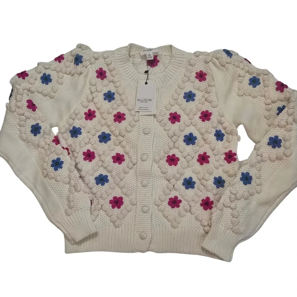 Allison New York Cottagecore Embroidered Pom Cardigan Cream Floral Sweater Small